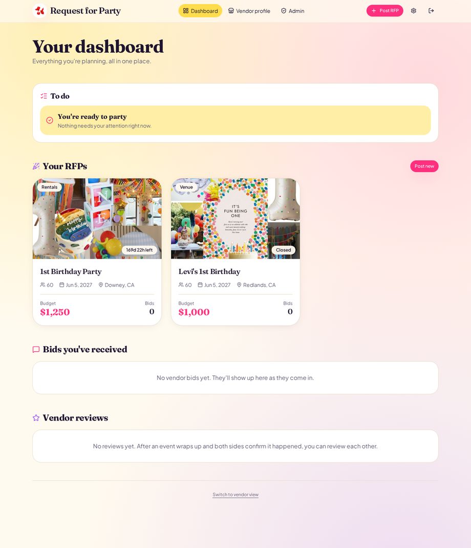 Real Request for Party screen: the host dashboard with your RFPs, bids received, and vendor reviews