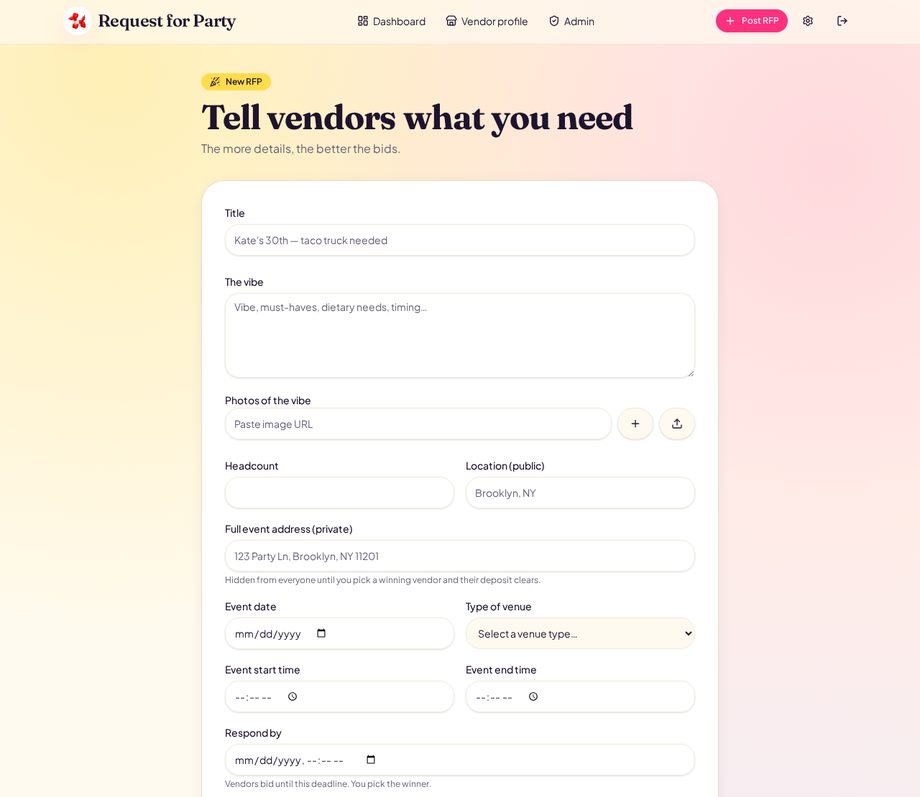 Real Request for Party screen: the post-your-request form with title, vibe, photos, headcount, location, dates, and category budgets
